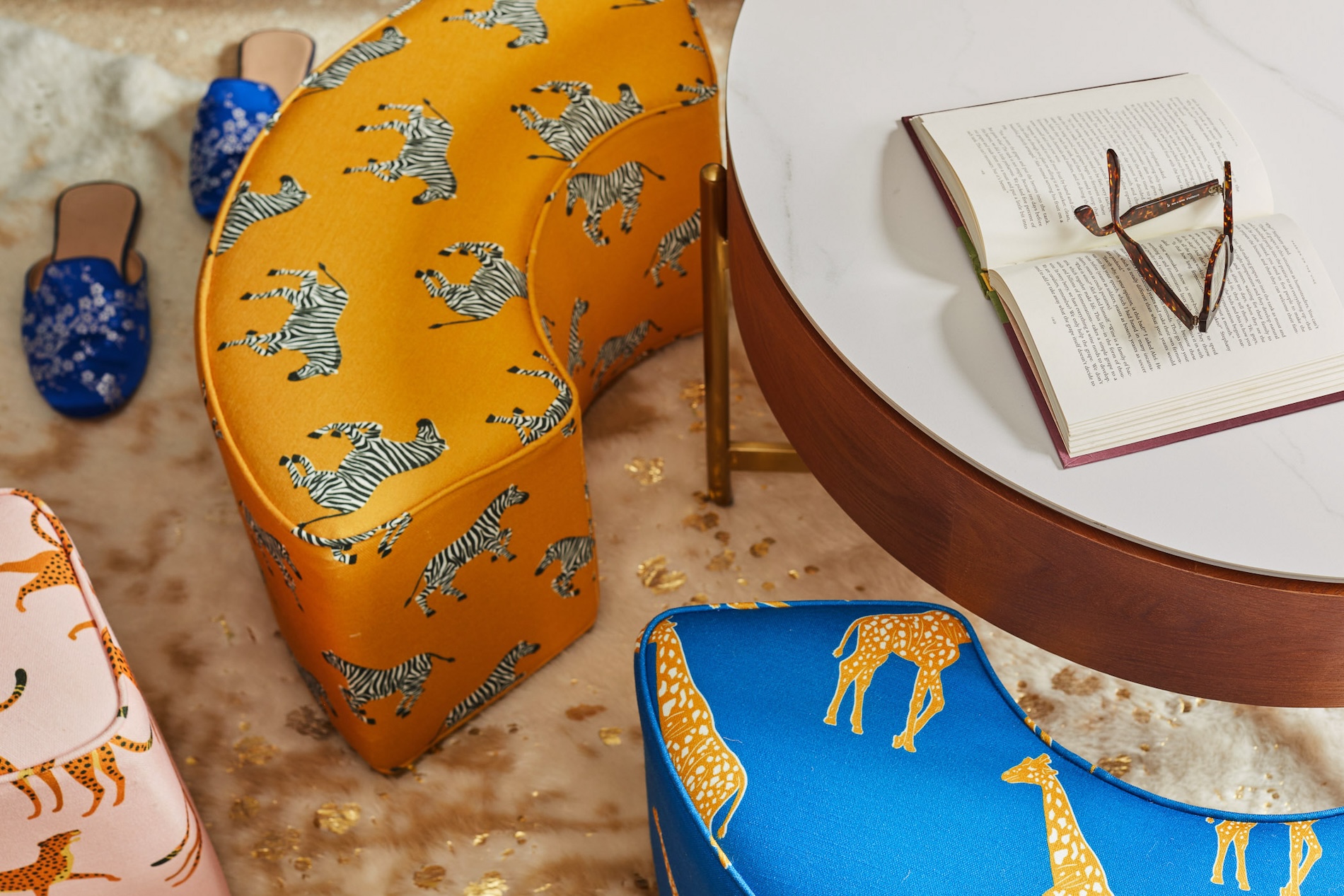 Ottoman Detail Animal Print Yellow And Blue