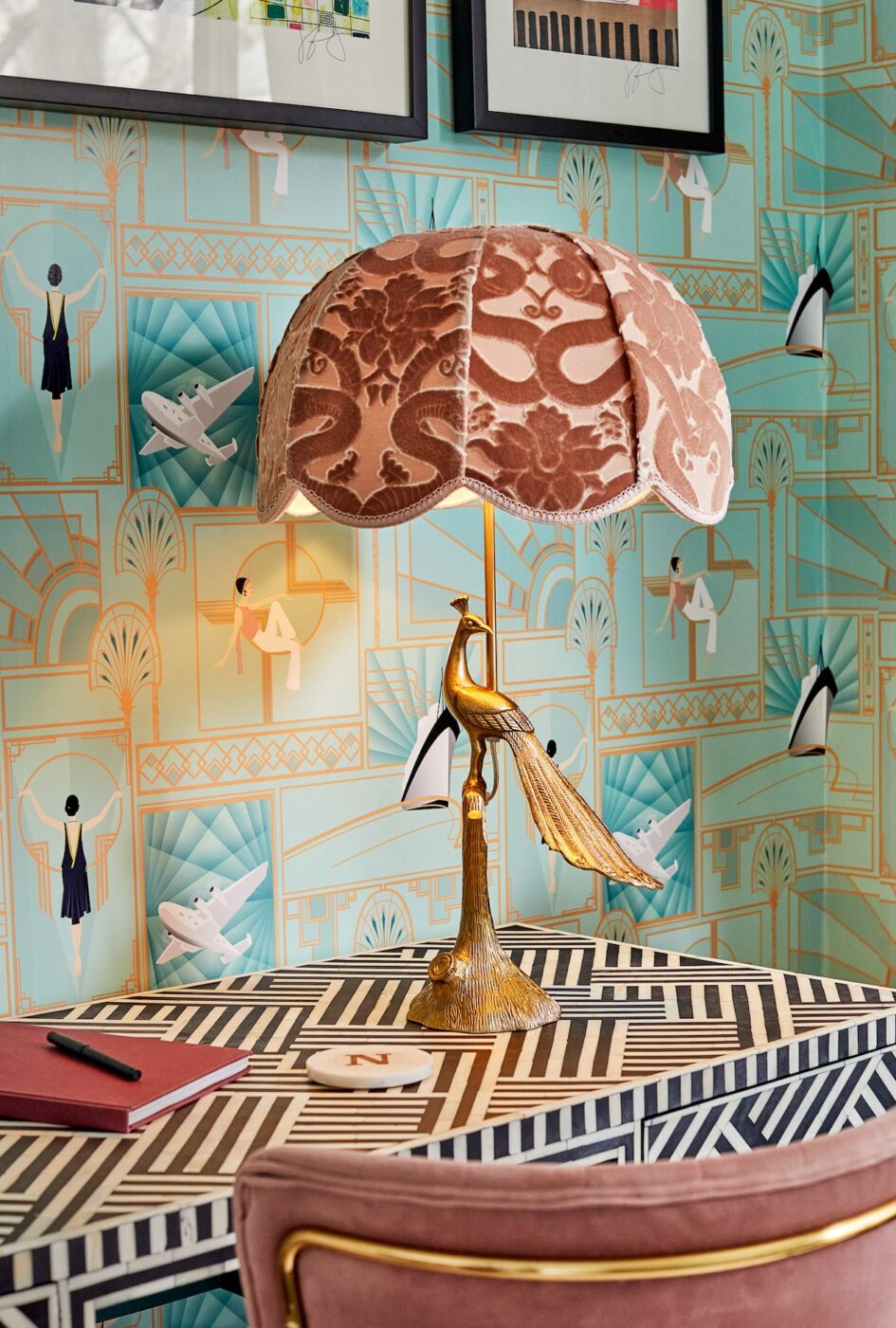 Peacock Lamp Gold Pink On Desk