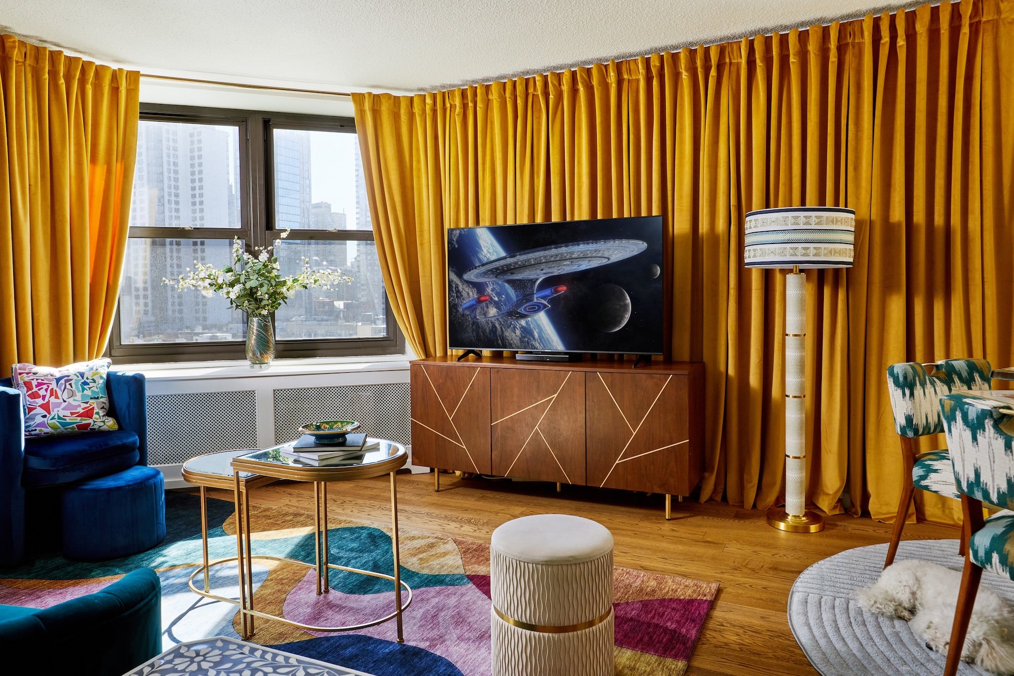 Living Room With Gold Yellow Window Treatments Apartment Design